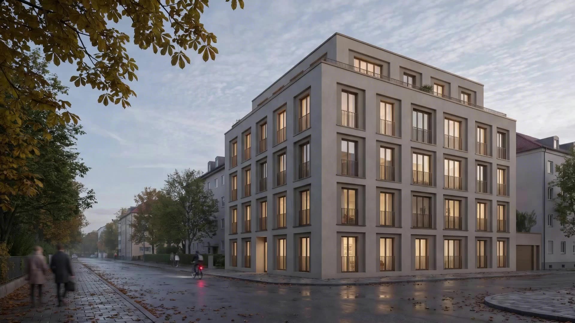 Street-corner rendering of a Munich residential building at blue hour
